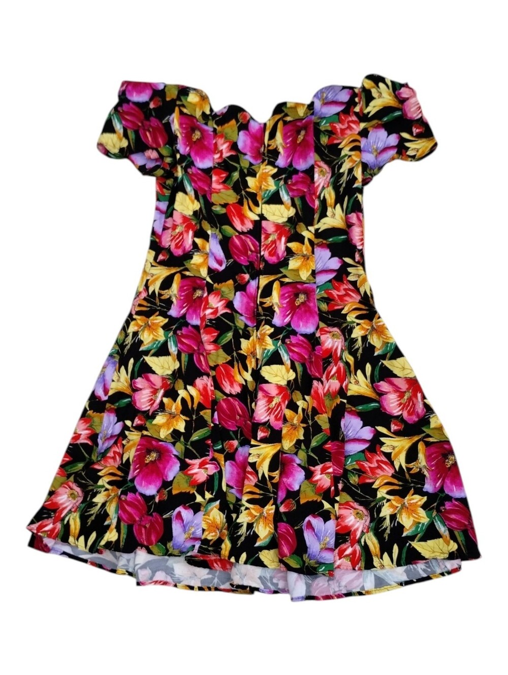 Ye II Vintage 80s Off The Shoulder Mini Dress Size 11 Black Floral Sweetheart